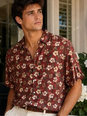 Lyle & Scott silk bamboo Hawaiian rust floral resortwear shirt Scotland mens M L